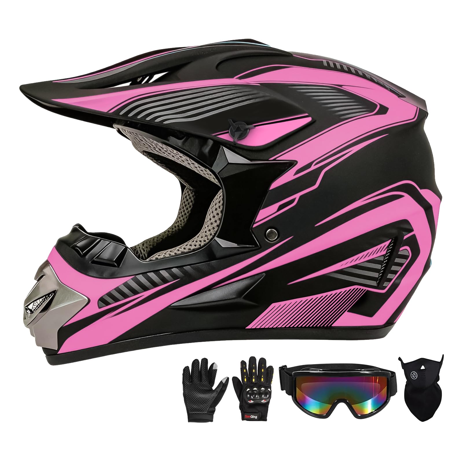 Youth Kids Motocross Helmet Full Face Motorcycle Dirt Bike Off-Road Mountain Bike BMX MX ATV Helmet,DOT Approved,W/Gloves Goggles Mask 4Pcs Set (Black, S)