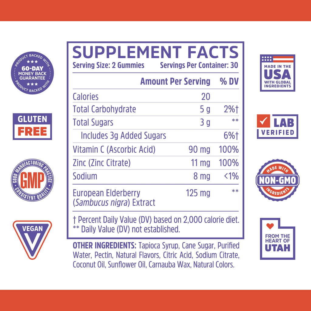 Zhou Elder-Mune Elderberry Gummies with Vitamin C and Zinc - Daily Immune Support Supplement for Women & Men, Chewable Natural Black Elderberry for Adults & Children 4 & Up - 60 Gummies