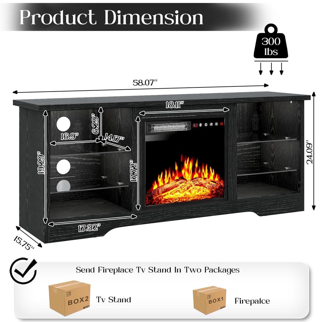 VITESSE 58 Inches Fireplace TV Stand for TVs up to 65 Inches Console with 18'' Electric Fireplace & Remote,Wooden Modern Entertainment Center for Living Room with LED Light Glass Shelves（Bei）