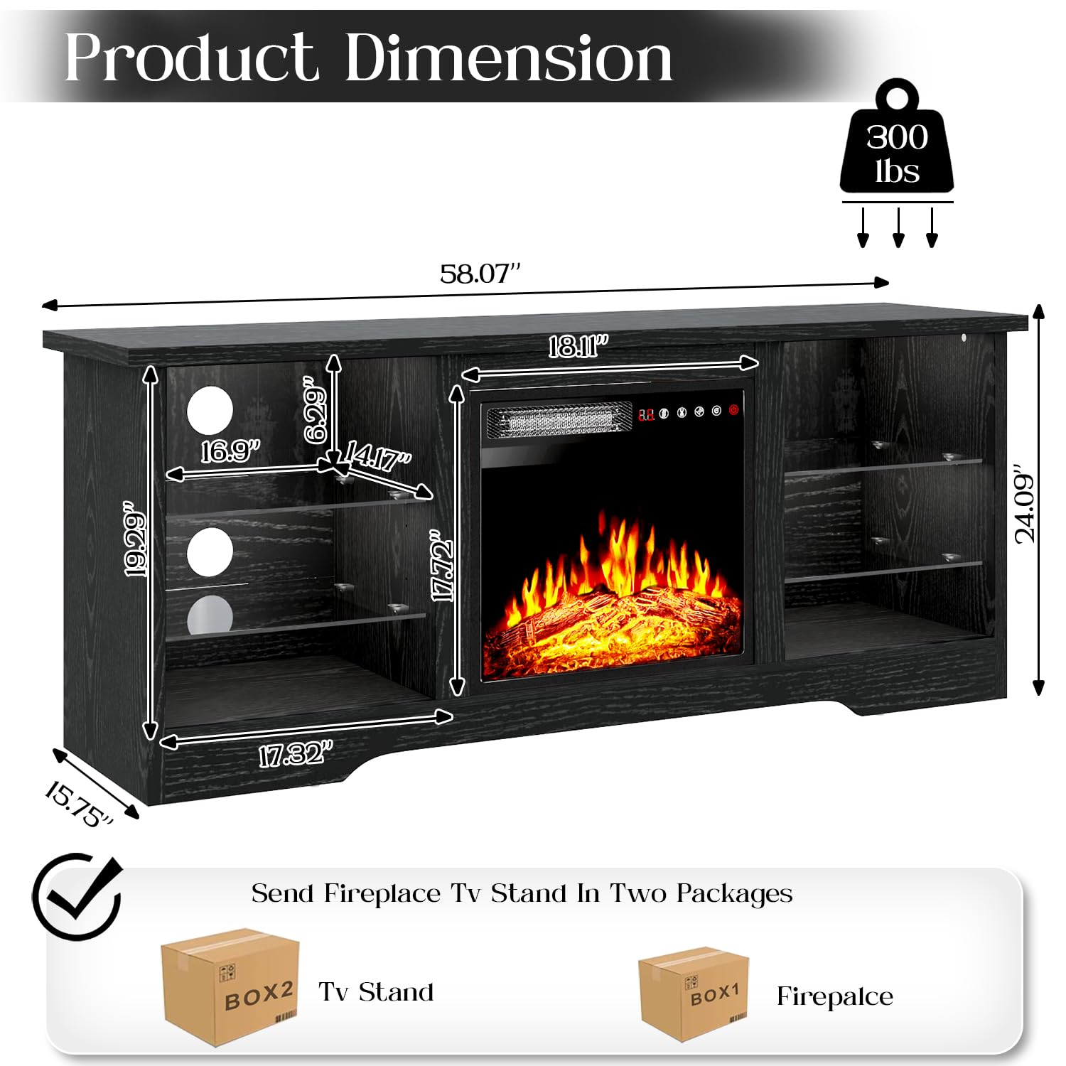 VITESSE 58 Inches Fireplace TV Stand for TVs up to 65 Inches Console with 18'' Electric Fireplace & Remote,Wooden Modern Entertainment Center for Living Room with LED Light Glass Shelves（Bei）