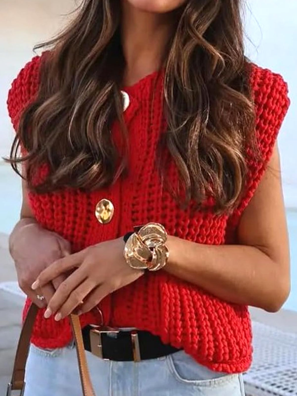 KEOMUD Women's Sleeveless Cropped Knit Cardigan Casual Button Down Crochet Sweater Vest Tops with Pockets