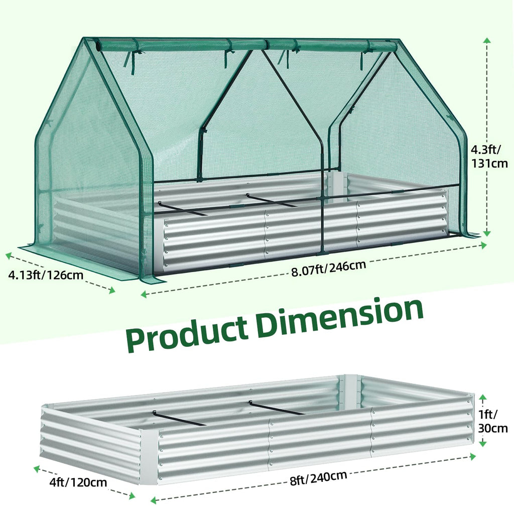 Ohuhu 8x4x1 FT Raised Garden Bed with Cover, 3-in-1 Galvanized Metal Planter Box with Greenhouse for Outdoor Plants, Dual-Side Access for Easy Plant Care, All-Season Frost & Pest Protection