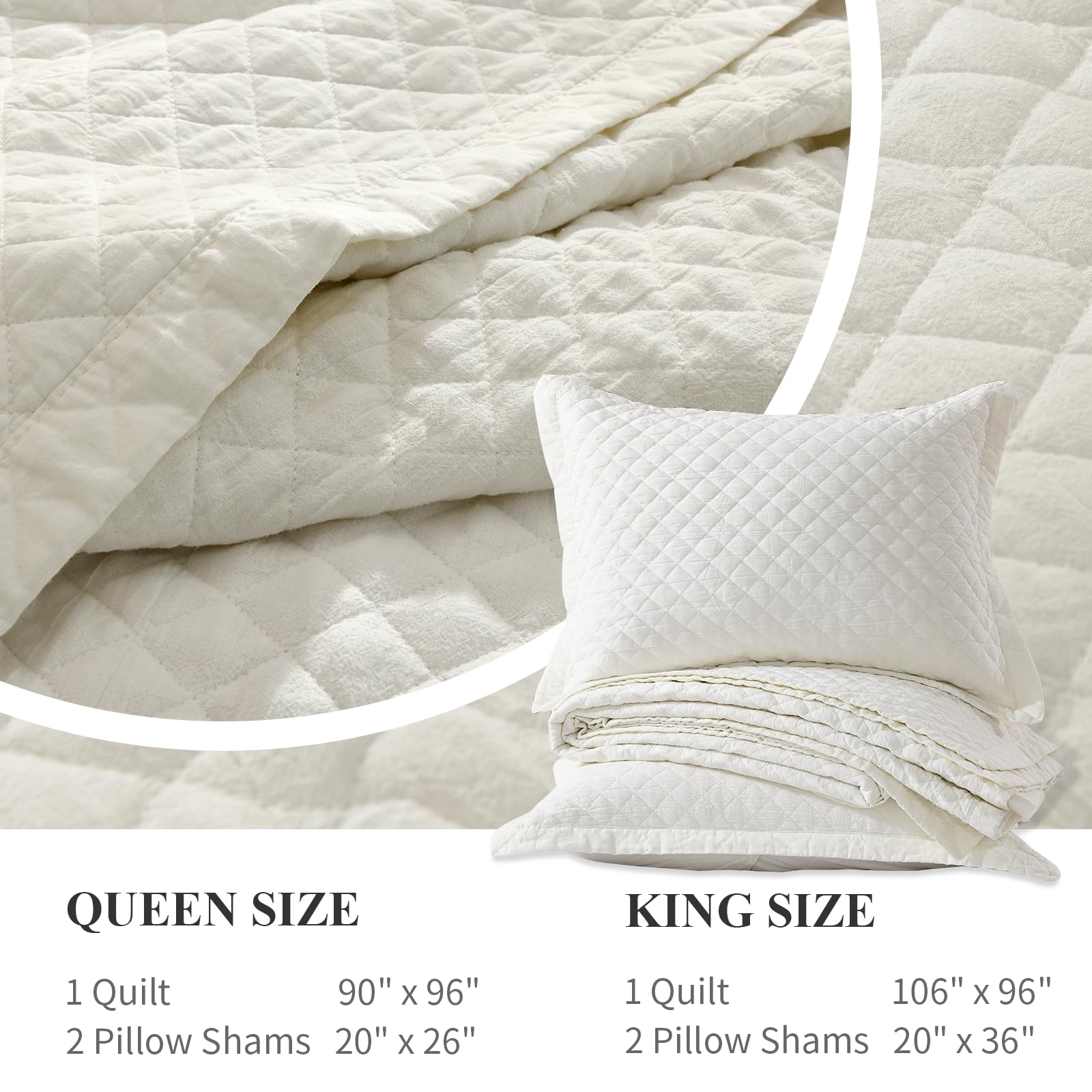 Grassix Linen Quilt Set Queen Size 3-Piece, 100% Linen Front & Cotton Back, Prewashed Diamond Stitch Bedspread with 2 Shams, Lightweight Breathable Quilt for Hot Sleepers, Modern Farmhouse Bedding