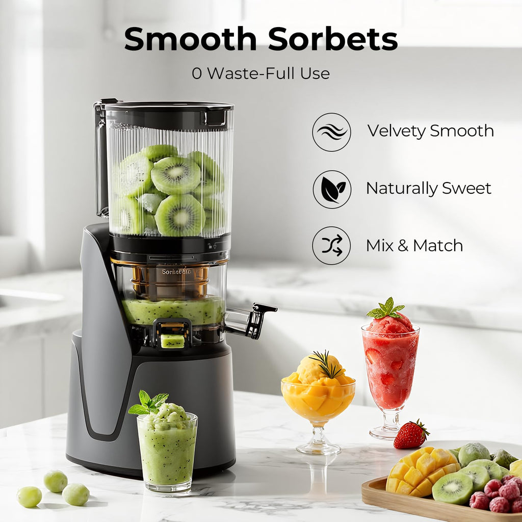EanOruus Juicer Machines, 3-in-1 Cold Press Juicer with 6.5" Extra Large Chute, 100oz Large Capacity, AC Motor, Makes Juice, Nut Milk & Sorbet, Bright White