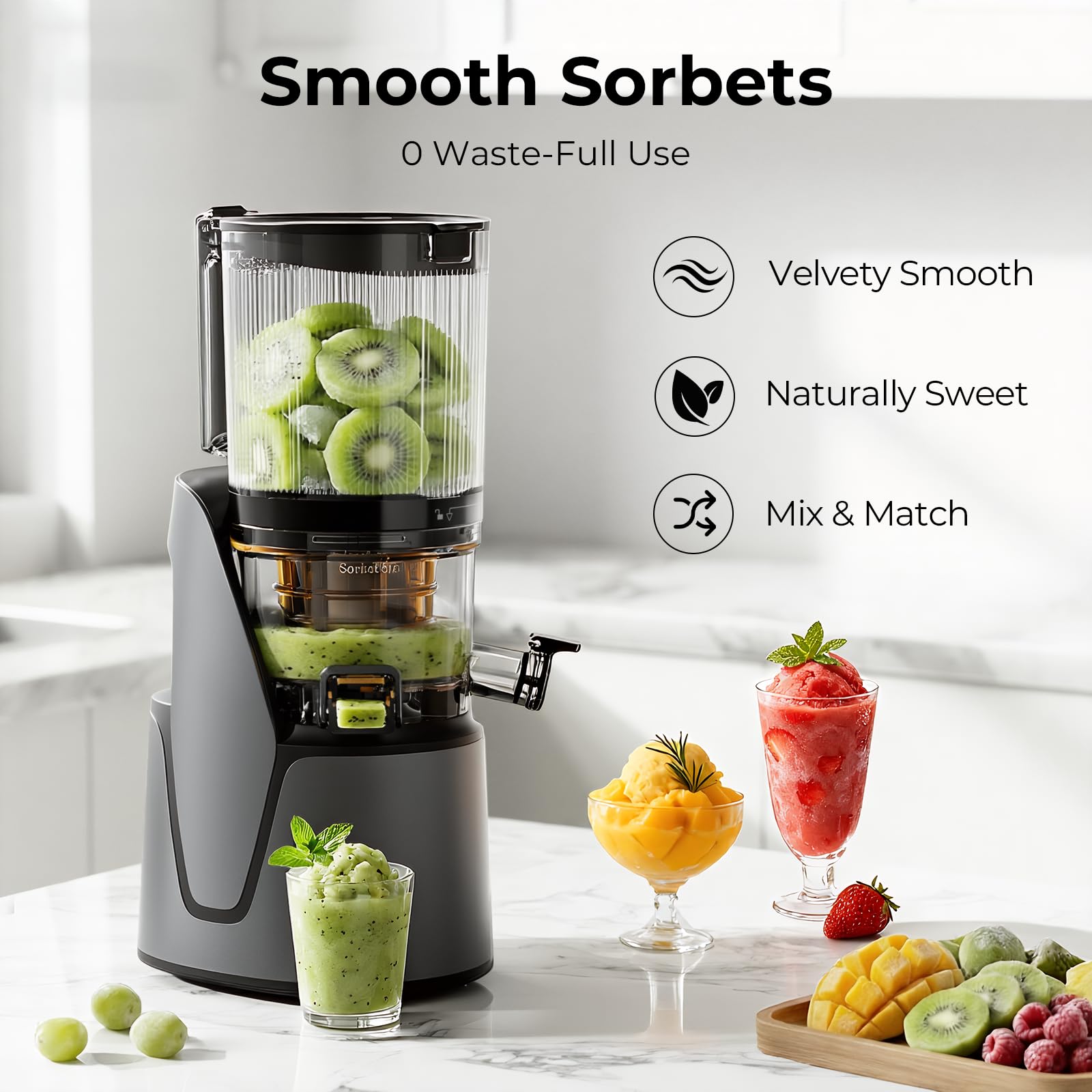EanOruus Juicer Machines, 3-in-1 Cold Press Juicer with 6.5" Extra Large Chute, 100oz Large Capacity, AC Motor, Makes Juice, Nut Milk & Sorbet, Bright White