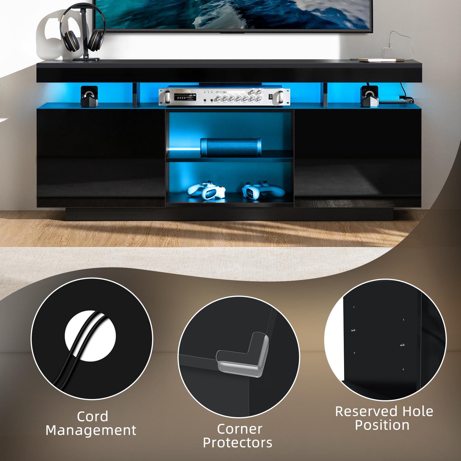 HOMMPA Modern LED TV Stand for 55 Inch TV, Black Tall TV Console with Power Outlet, Entertainment Center with Storage, High Gloss Gaming Media Console Cabinet for Living Room (47 Inch)