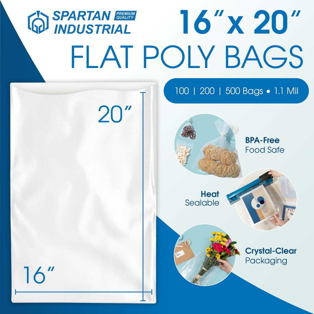 10" X 13" Open-End Flat Clear Poly Bags (100 Count) - 1.1 Mil Clear Plastic Bags for Packaging and Storage - No Adhesive Strip - Spartan Industrial