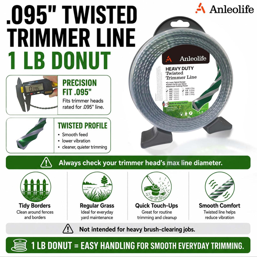 A Anleolife 1-Pound Heavy Duty Sawtooth 140-mil-by-108-ft Dual Core String Serrated Trimmer Line Donut for Walk Behind Wheeled Mowers with Built-in Line Cutter