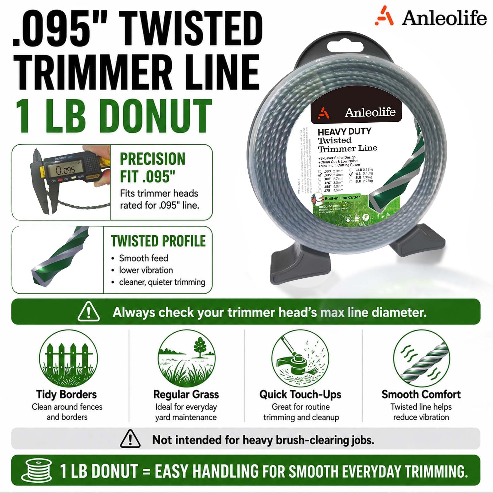 A Anleolife 1-Pound Heavy Duty Sawtooth 140-mil-by-108-ft Dual Core String Serrated Trimmer Line Donut for Walk Behind Wheeled Mowers with Built-in Line Cutter