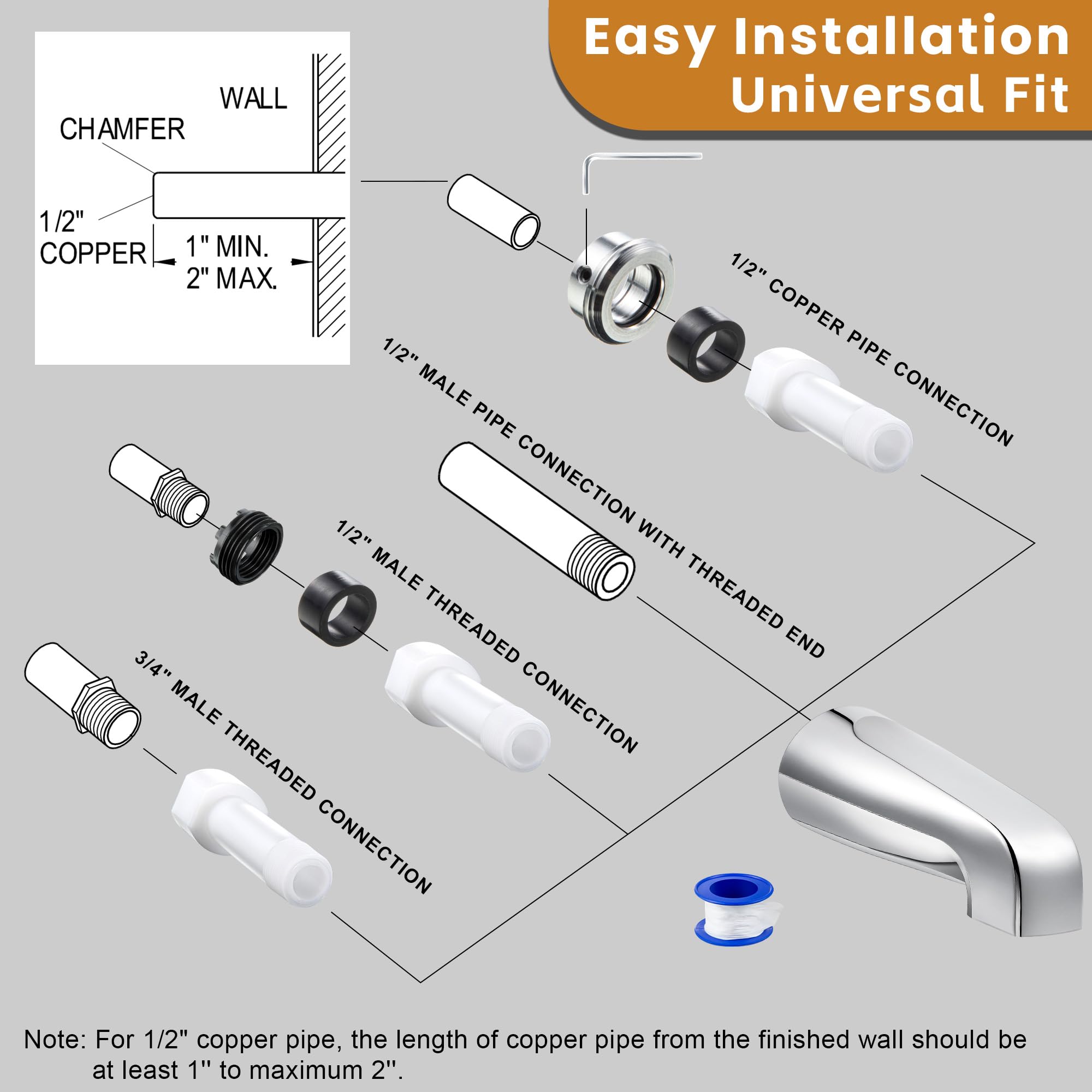 Dreyoo Tub Spout (Universal Fits 1/2" Copper Pipe, 1/2" IPS and 3/4" IPS), Bathroom Bathtub Faucet with Adapters and Hex Wrench(Brushed Nickel,Simple)
