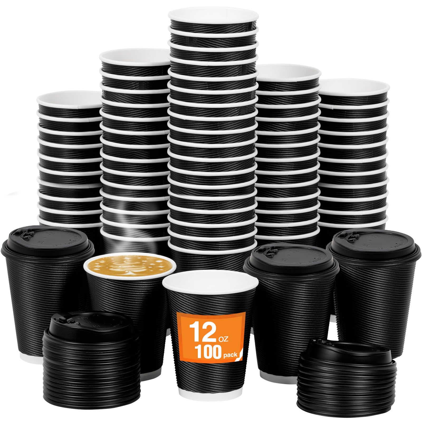 16 oz 100 Pack Corrugated Ripple Wall Disposable Coffee Cups with Lids and Straws, Heavy Duty Insulated Cups for Hot Beverage or Cold Drinks, Bulk for Restaurants, Offices, Coffee Shops(Black)