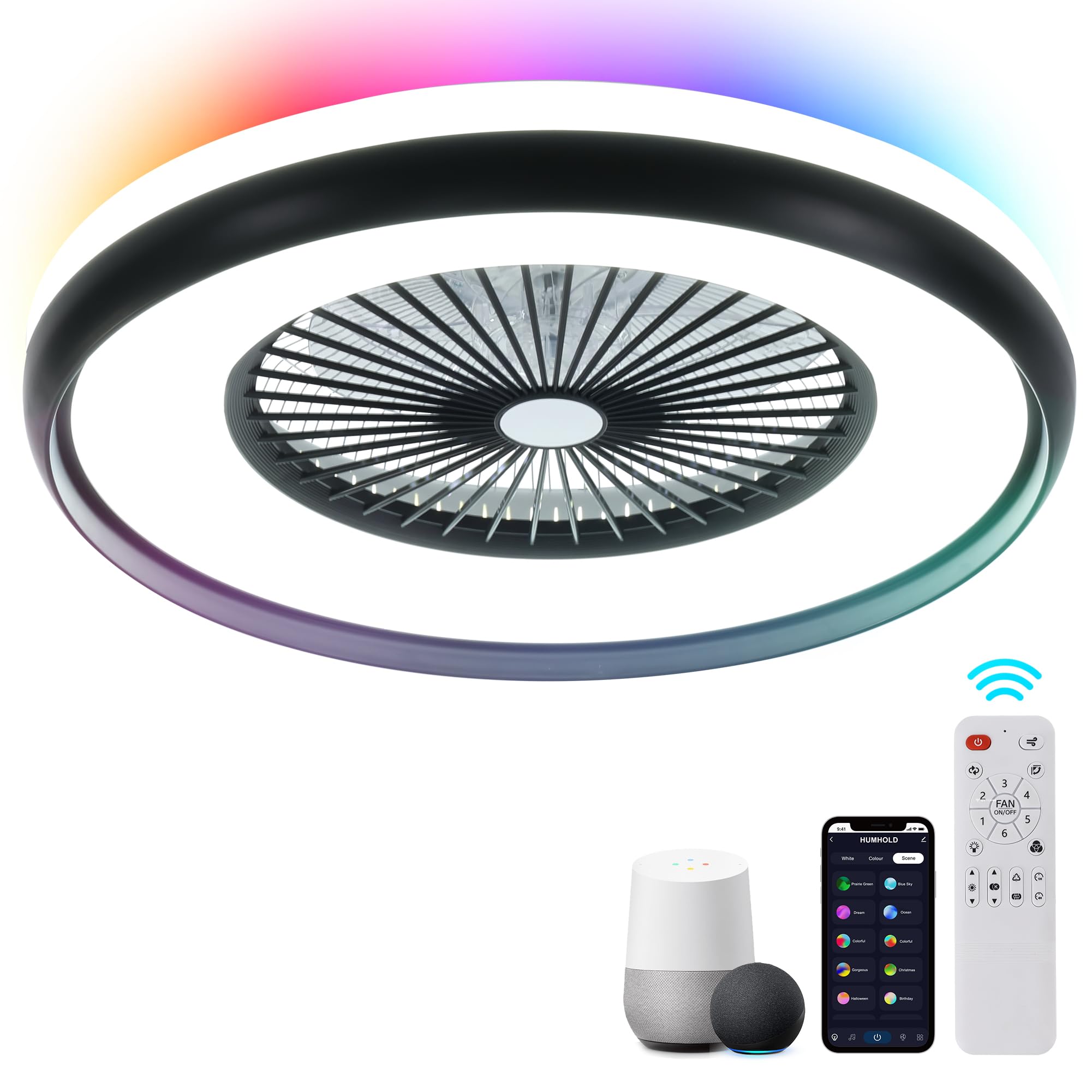 24" Bladeless Ceiling Fan with Light Remote, Smart LED Ceiling Fans with App Control, Modern Low Profile Dimmable Light Ceiling Fan for Bedroom Living Room Gold