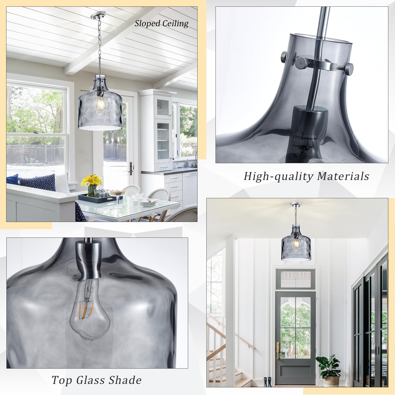 Glass Large Pendant Lights for Kitchen Island Blown Glass Pendant Light Clear Hammered Shade Hanging Ceiling Lights with Black Finish for for Kitchen Island, Sink, Hallway, Living Room 11 inch