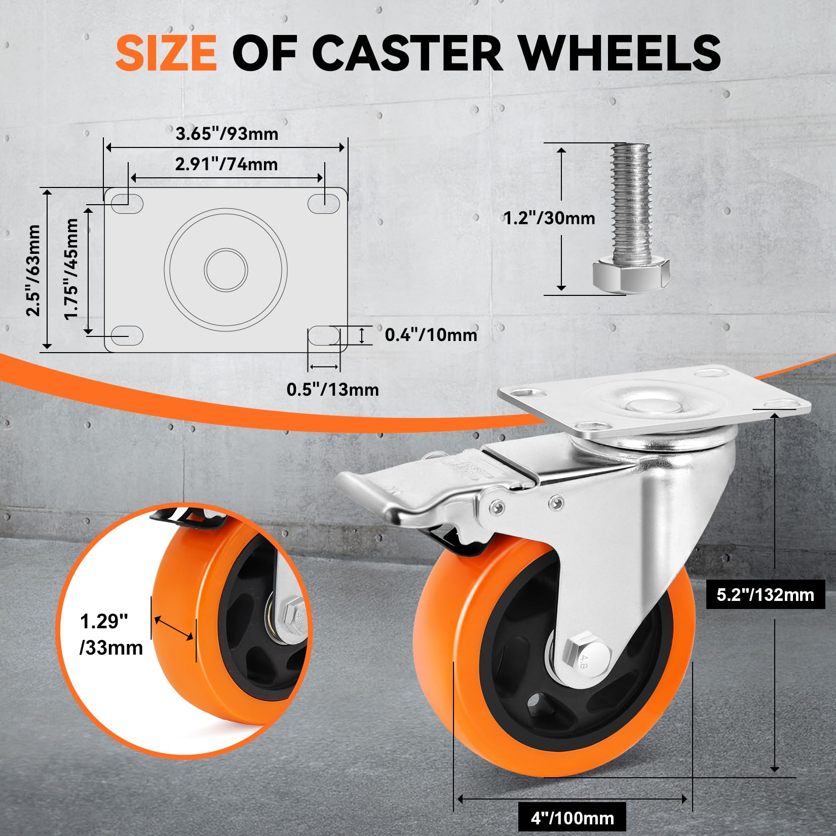 W B D WEIBIDA 2" Plate Caster Wheels Heavy Duty 600 Lbs Load Capacity Swivel Casters with Brake Set of 4, Safety Dual Locking, No Noise Wheels for Furniture, Carts (Screws and Screwdriver)