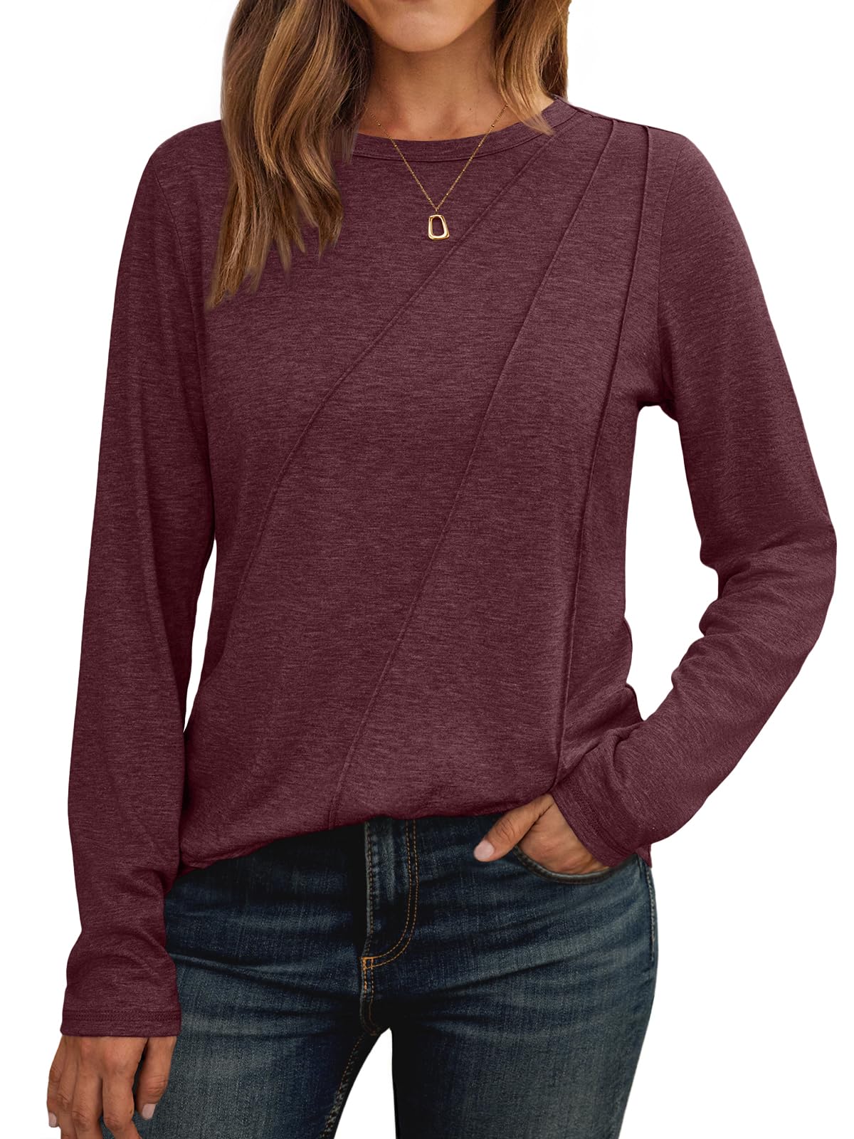 AUTOMET Womens Long Sleeve Shirts Pleated Tunics Fall Fashion Crewneck Tops