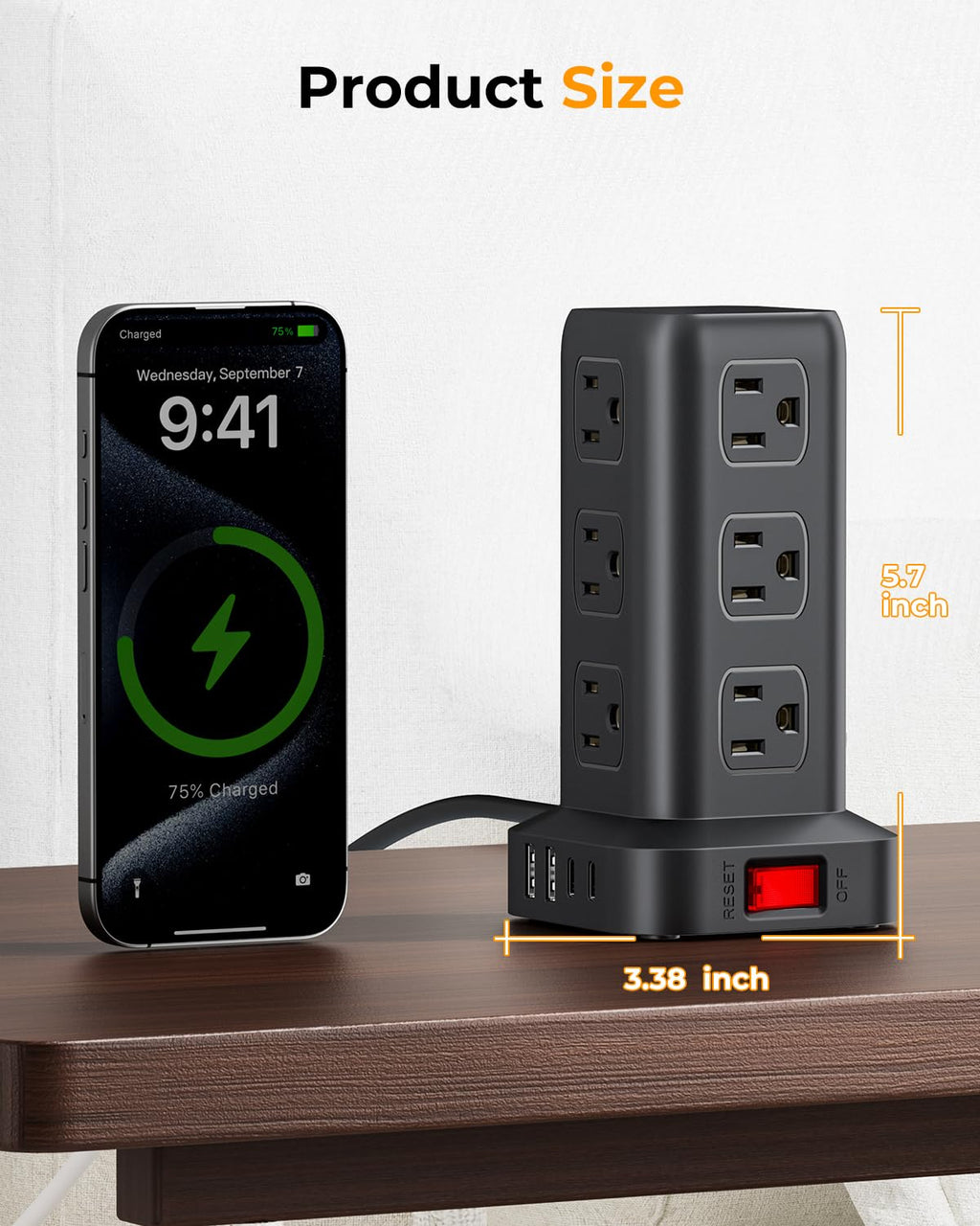 Tower Surge Protector Power Strip with 12 Outlets 4 USB (1 USB C), 6.5Feet Extension Cord with Multiple Outlets, Charging Station, Power Strip Tower, Office Desk Supplies