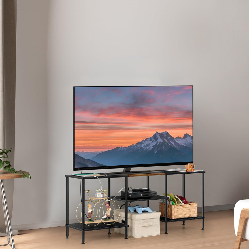 OYEAL Black Bedroom TV Stand with Power Outlets up to 50 inch TV, Small Entertainment Center Stand with Storage Modern Media TV Console Table for Living Room Bedroom