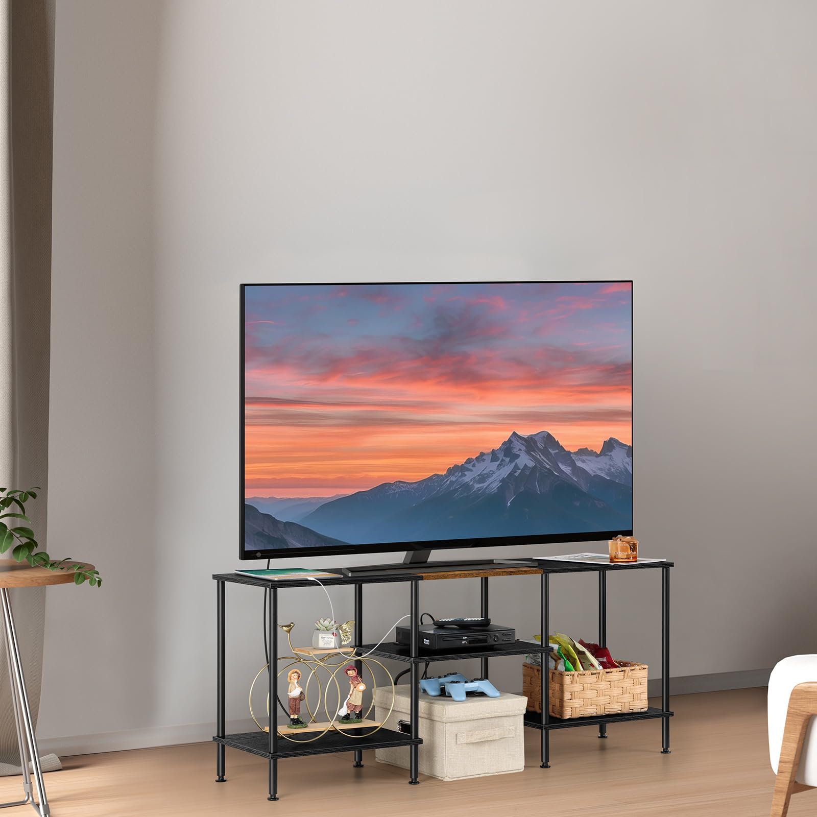 OYEAL Black Bedroom TV Stand with Power Outlets up to 50 inch TV, Small Entertainment Center Stand with Storage Modern Media TV Console Table for Living Room Bedroom