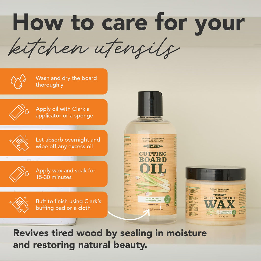 CLARK'S Cutting Board Care Kit with Coconut Oil - Includes Butcher Block Oil and Wax - Made with Refined Coconut Oil, Natural Beeswax, and Carnauba Wax - For Kitchen Countertops and Butcher Blocks