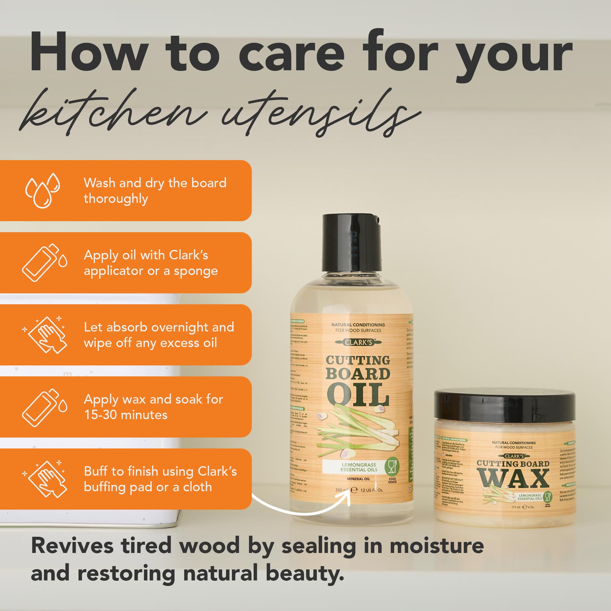 CLARK'S Cutting Board Care Kit with Coconut Oil - Includes Butcher Block Oil and Wax - Made with Refined Coconut Oil, Natural Beeswax, and Carnauba Wax - For Kitchen Countertops and Butcher Blocks