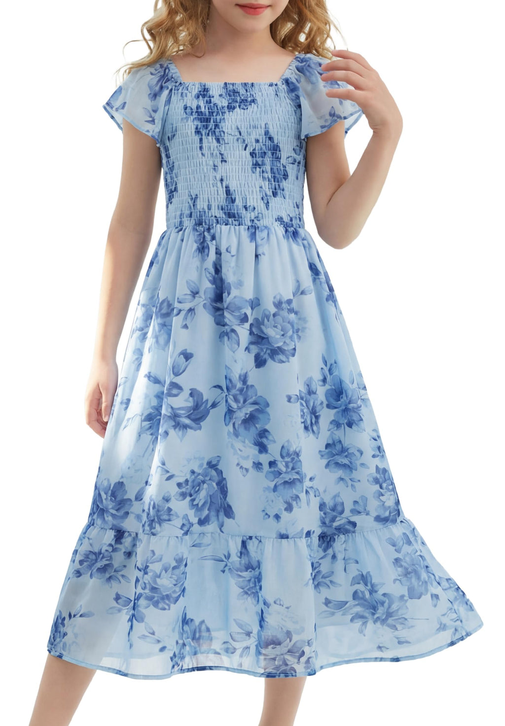 GRACE KARIN Girls Flutter Sleeve Floral Dresses Girl Long Midi Spring Dress Kids Smocked Flare Summer Dress 6-16Y