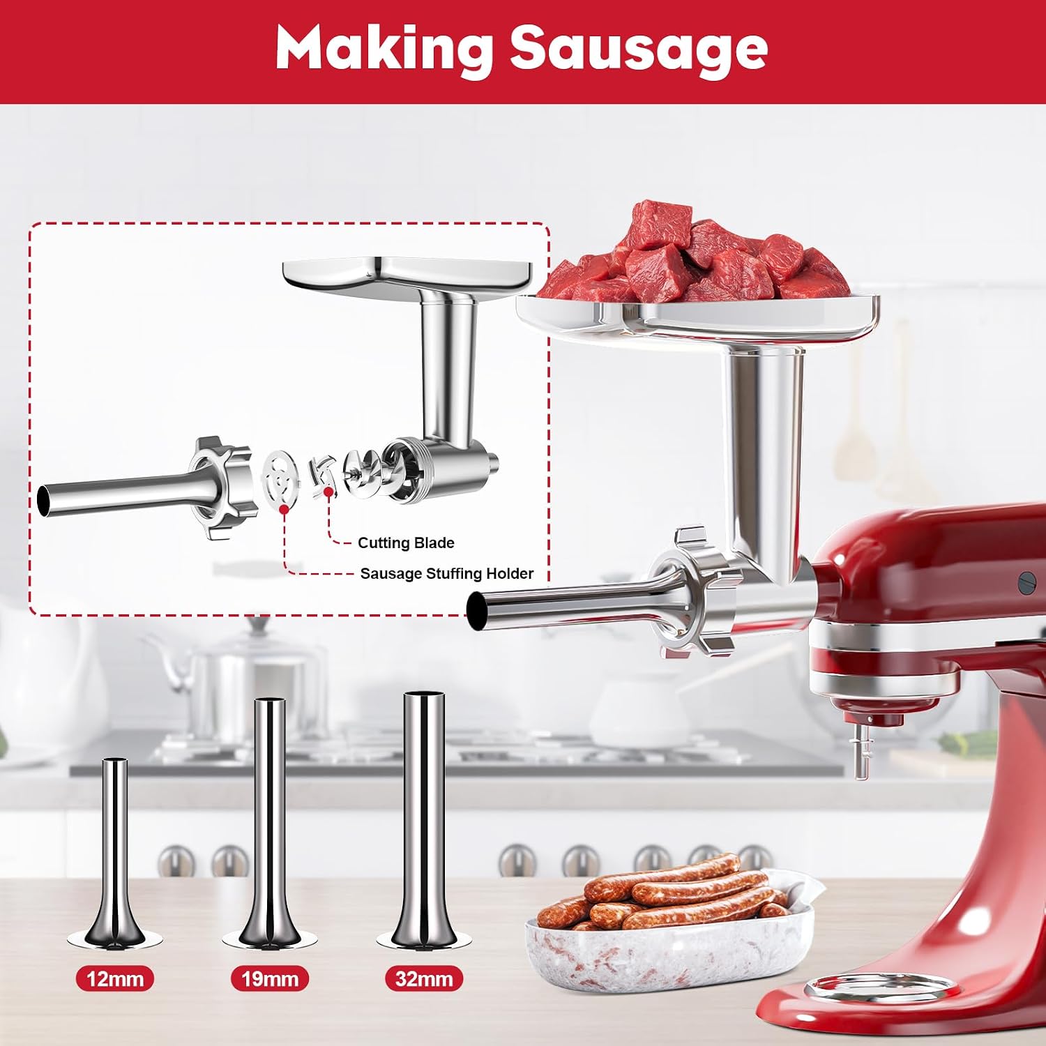 Meat Grinder Attachment for Kitchenaid Stand Mixer, Meat Grinder for KitchenAid, including 3 Sausage Stuffer Accessory, for Kitchen Aid Stand Mixer Easy to Use and Clean