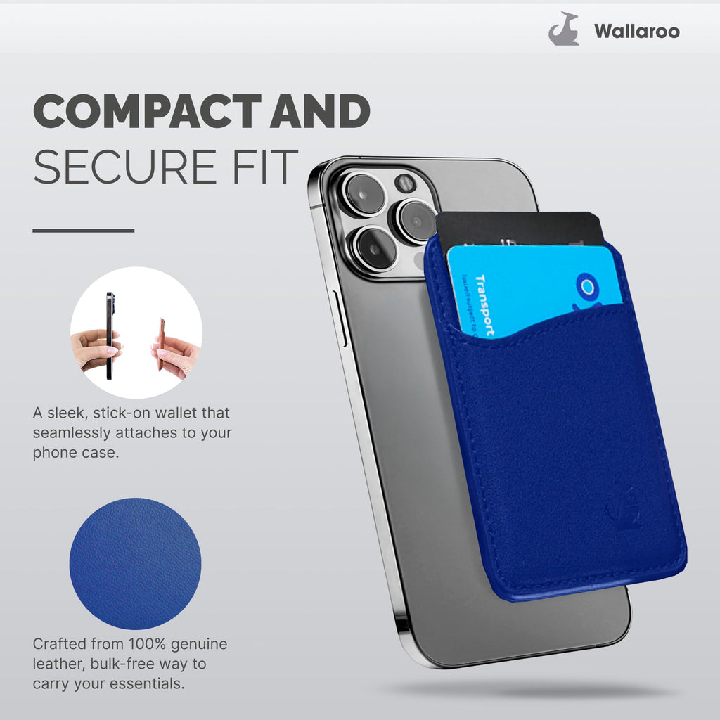 Wallaroo Premium Leather Cell Phone Wallet Stick On - Android and iPhone Wallet and Card Holder for Women and Men - Durable with Non-Slip Lining Secures Up to 3 Cards