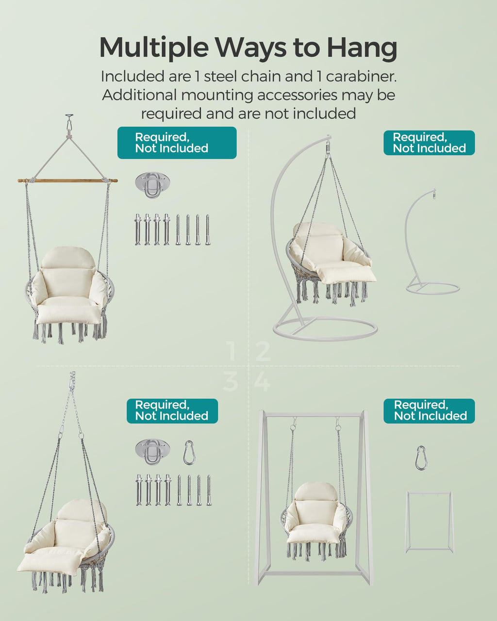 SONGMICS Hanging Chair, Hammock Chair with Large, Thick Cushion, Boho Swing Chair for Bedroom, Patio, Balcony, Garden, Holds up to 264 lb, Accessories Included, Cream White UGDC042M01