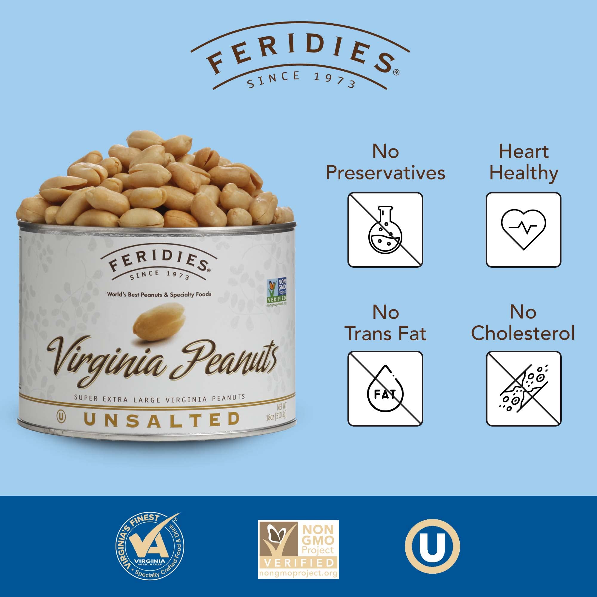 FERIDIES Honey Roasted Extra Large Giant Virginia Peanuts, 18oz Vacuum Can, Gourmet Snack 18oz (Pack of 1)