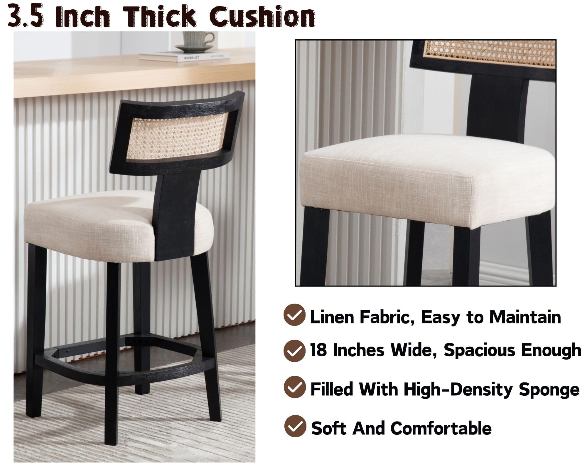 Farmhouse 30'' Extra Tall Bar Stools Set of 2 Modern Counter Height Barstools with Backs Rustic Wood Bar Stools Linen Upholstered Counter Chairs Kitchen Island Stool Chairs with Wood Frame, Beige