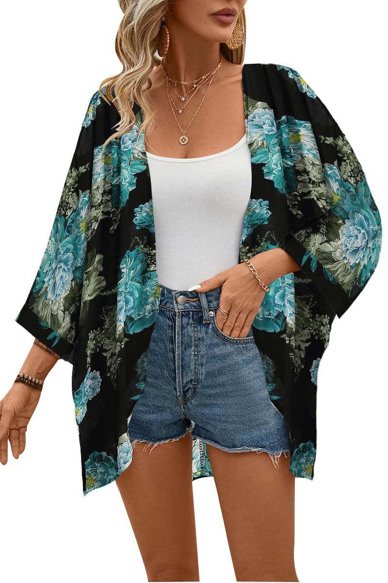 olrain Women's Floral Print Sheer Chiffon 3/4 Bat Sleeve Casual Loose Kimono Cardigan Capes