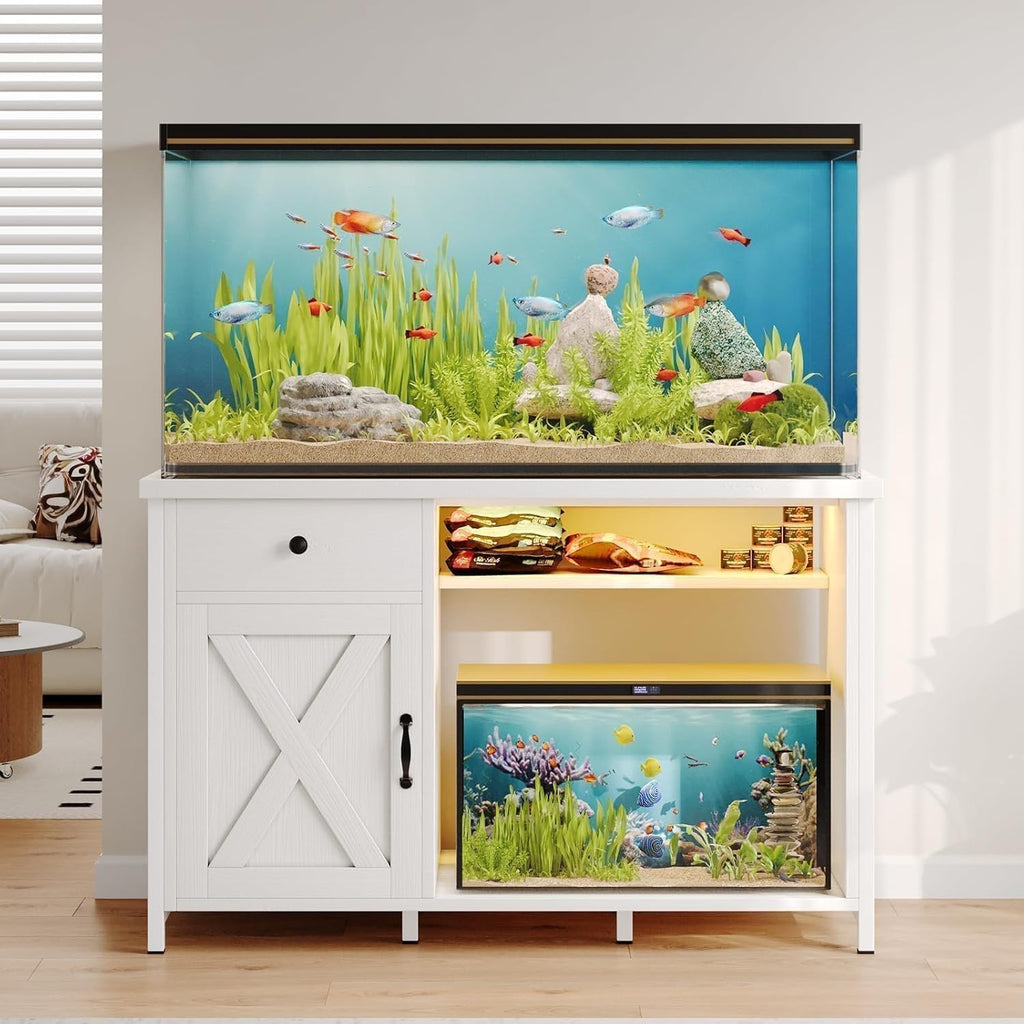 4ever2buy 55-75 Gallon Fish Tank Stand with Power Outlets, LED Light, Heavy Duty Aquarium Stand with Cabinet for Fish Tank Accessories Storage, for Turtle Tank, Reptile Terrarium, 1100LBS, Black