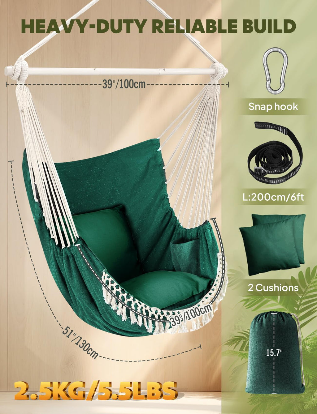 Chihee Hammock Chair Hanging Swing Max 500 Lbs 2 Cushions Included Metal Spreader Bar with Anti-Slip Grooves Portable Hanging Chair Side Pocket Large Macrame Bohemian Chair Indoor Outdoor | Hanging Swing with Anti-Slip Grooves Portable Hanging Chair Side