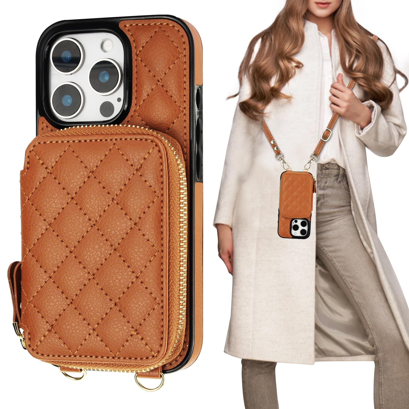 Bocasal Crossbody Wallet Case for iPhone 16 Pro, RFID Blocking PU Leather Zipper Handbag Purse Flip Cover, Kickstand Folio Case with Card Slots Holder Wrist Strap Lanyard 5G 6.3 Inch (Black)