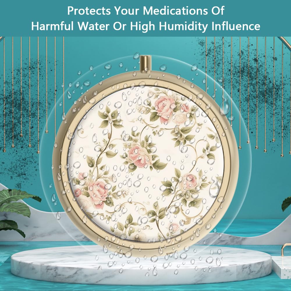 Pill Case Pill Box with Mirror Retro 2 Compartment Small Pill Case for Purse or Pocket Bronze Rectangular Pill Box or Vitamins, Fish Oil, Supplements, Pill Containe Travel Gifts（Retro Red Flowers）
