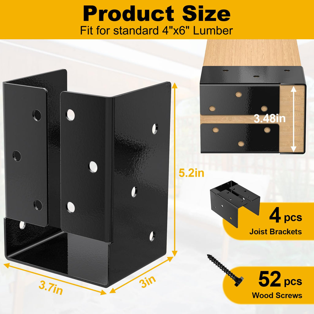 FMhotu Concealed Joist Hanger (1 Pack),4"x6" Outdoor Concealed-Flange Joist Bracket with Screws, Q235B Steel Powder Coated Concealed Mount Light Joist Hangers for 4"x6" Beam, Swing, Handrail, Fence
