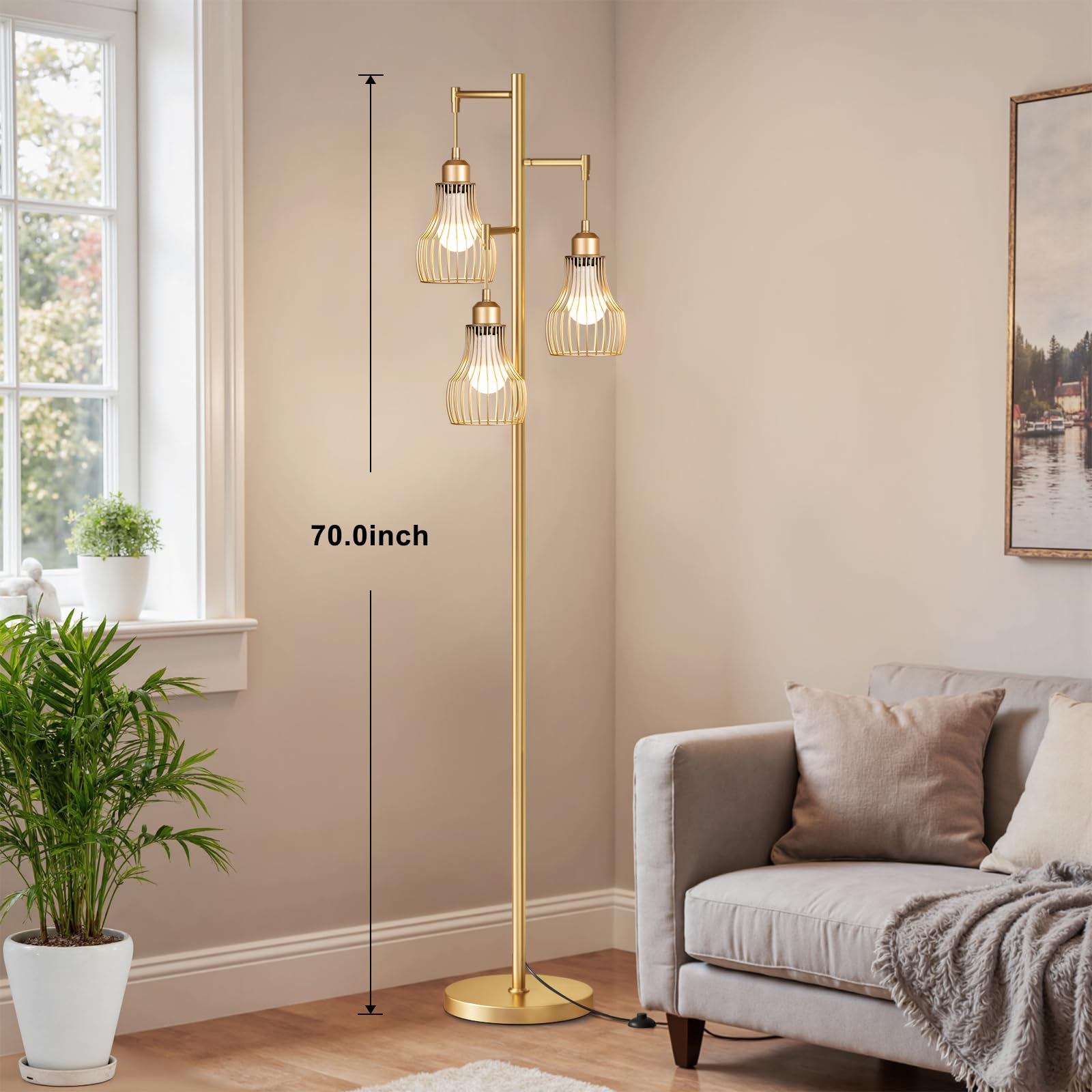 Ziisee Dimmable Floor Lamps for Living Room, Industrial Tree Standing Tall Lamps with 3 Elegant Cage Shade & 800 Lumens LED Bulbs for Bedroom Office - Brown
