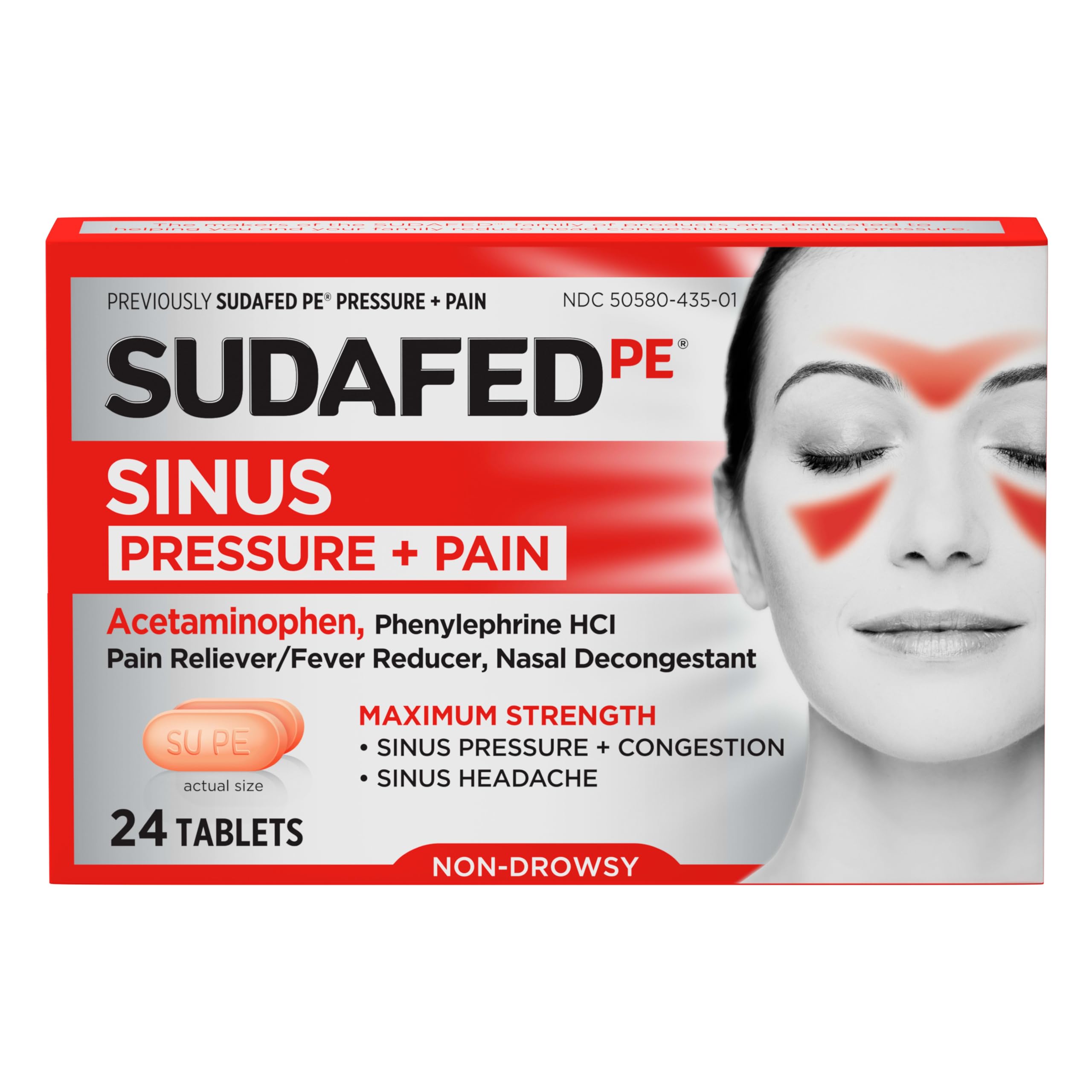 Sudafed, PE Sinus Congestion Relief Tablets, Maximum Strength, Non-Drowsy 10 mg Phenylephrine HCI Decongestant for Sinus Pressure and Nasal Congestion Relief from colds or Allergies, 18 Count