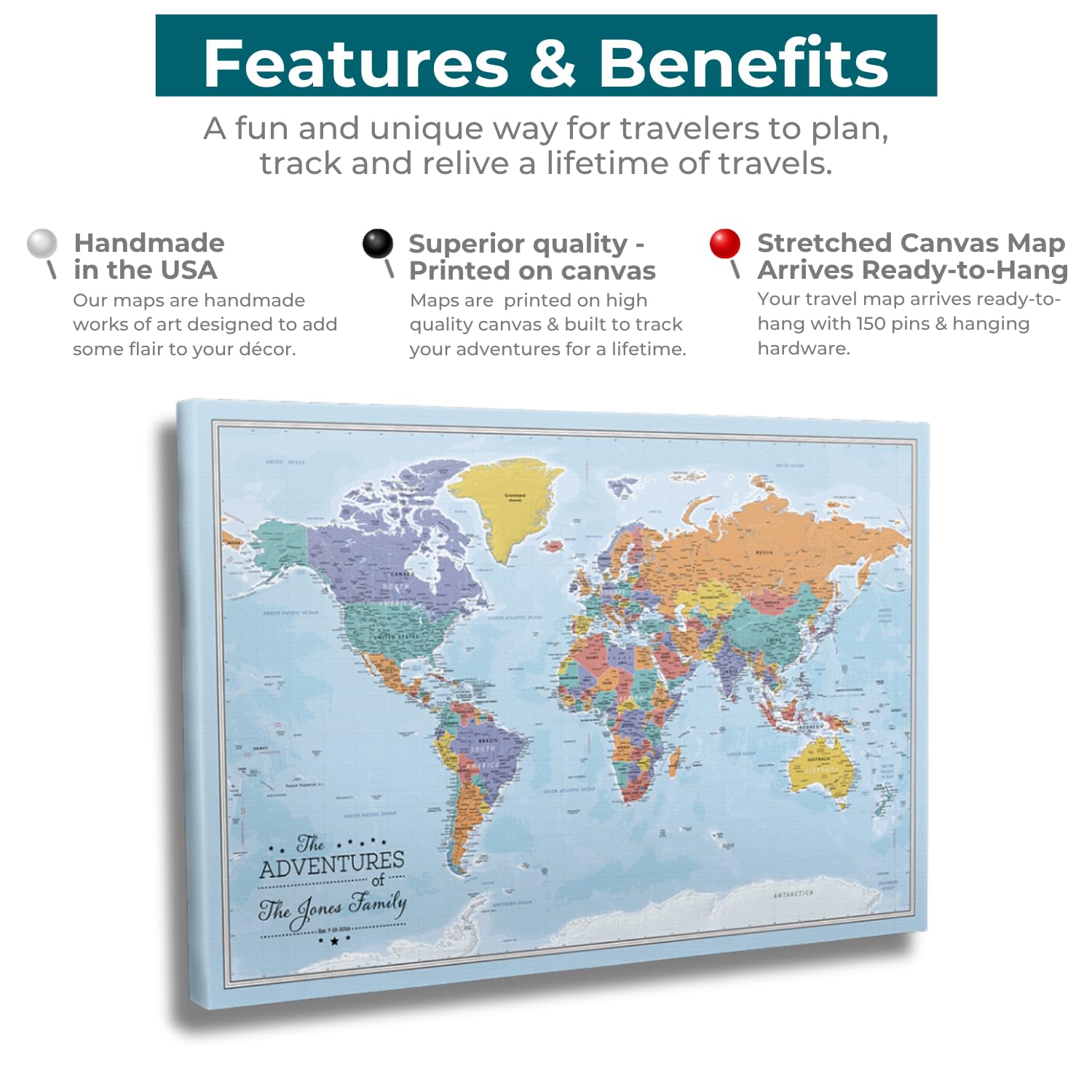 Personalized Canvas Rolled Poster World Map Wall Art with Pins – Large 24" x 36" Blue Oceans Map of the World – Push Pin Travel Decor for Home or Office