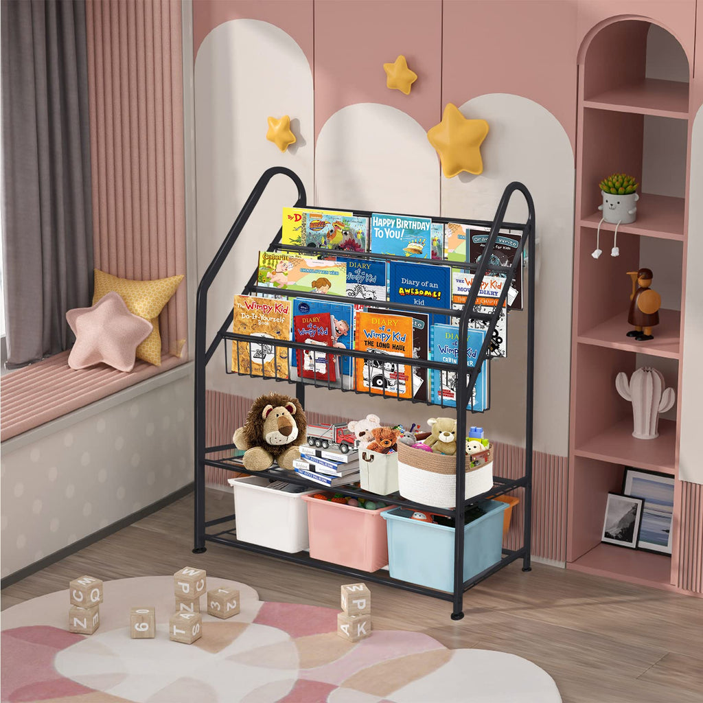 aboxoo Metal Kids Bookshelf Black Large Freestanding for Children Room 32 in Toy Organizer Large Stable Bookcase Bookstore Library Book Unit Storage Kids Bed Living Room