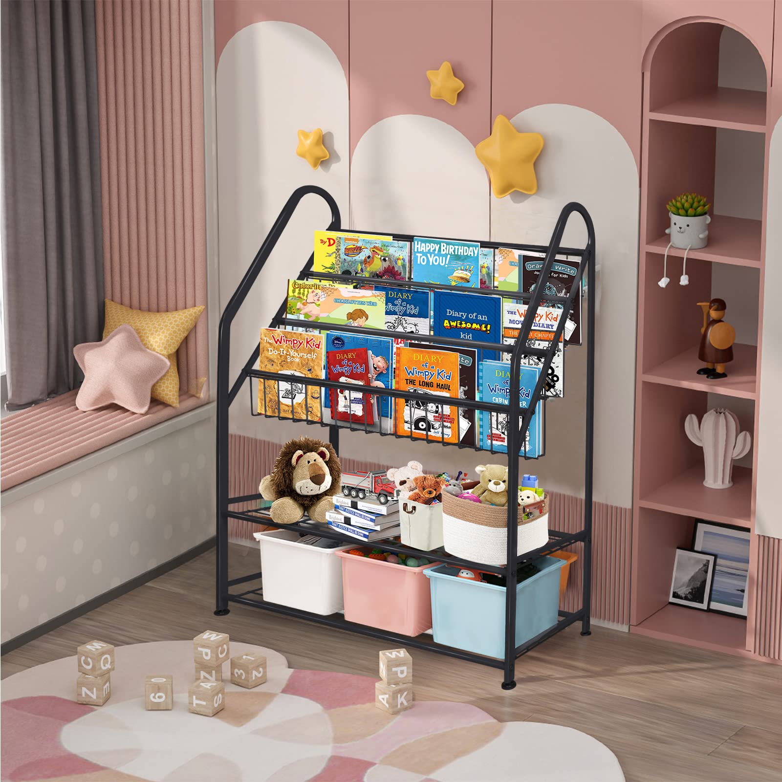 aboxoo Metal Kids Bookshelf Black Large Freestanding for Children Room 32 in Toy Organizer Large Stable Bookcase Bookstore Library Book Unit Storage Kids Bed Living Room