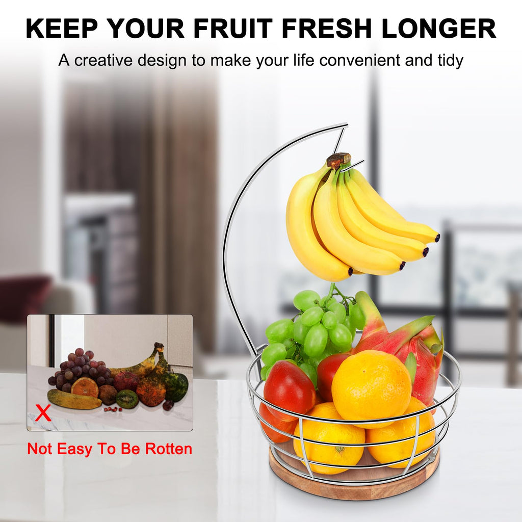 Livabber Countertop Fruit Basket Bowl with Banana Hanger, Modern Standing Fruit Vegetable Bowl Storage, with Banana Tree Holder for Kitchen Dinning Table (Round Marble, Black)