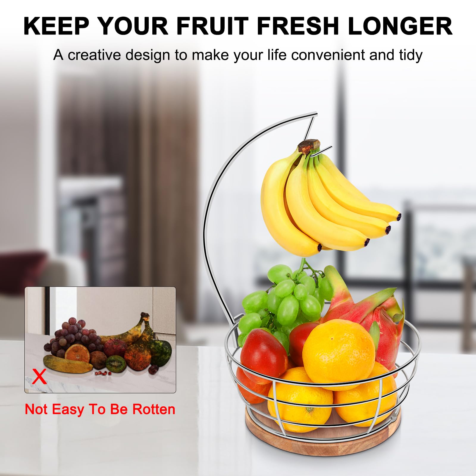 Livabber Countertop Fruit Basket Bowl with Banana Hanger, Modern Standing Fruit Vegetable Bowl Storage, with Banana Tree Holder for Kitchen Dinning Table (Round Marble, Black)