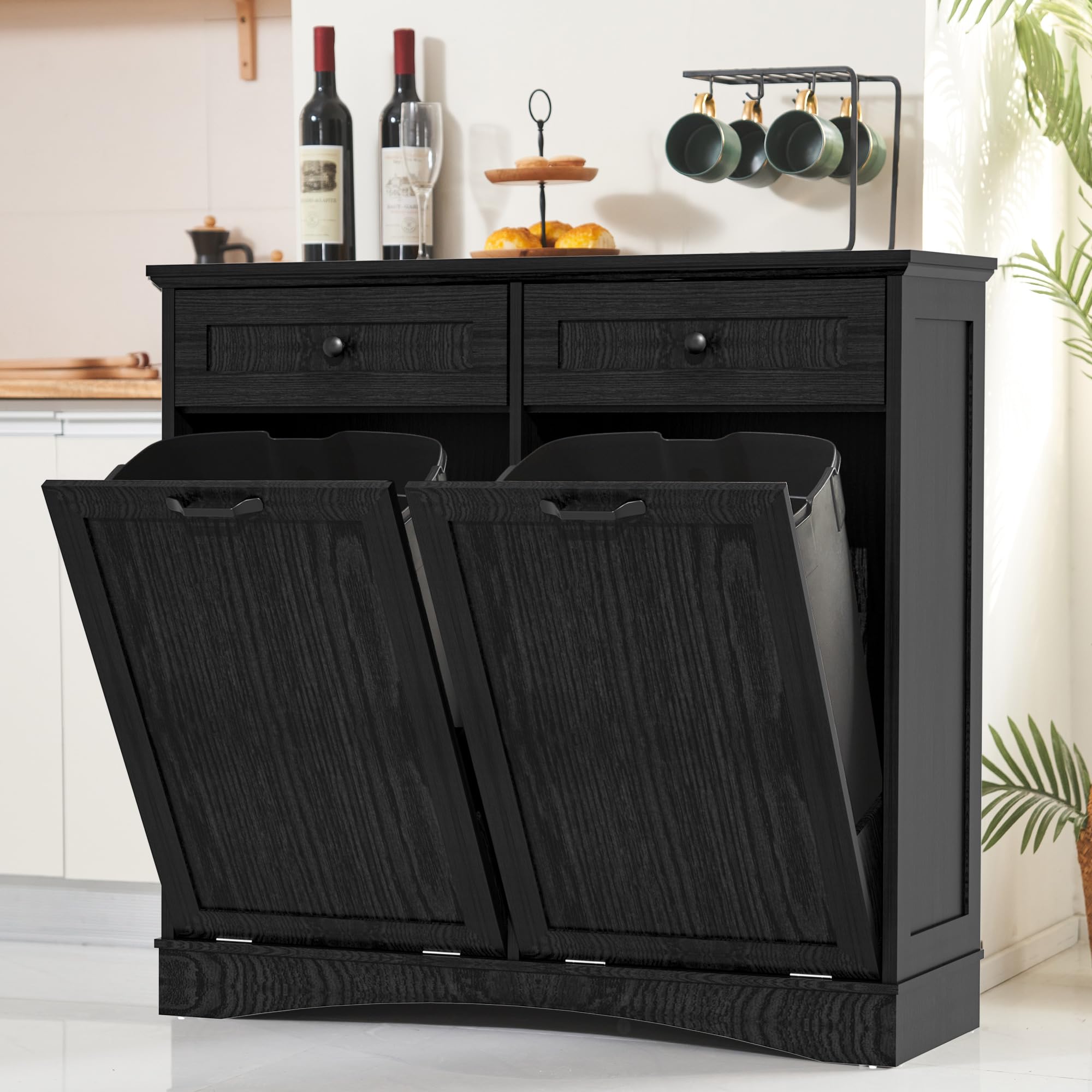 AHB Double Tilt Out Trash Can Cabinet Freestanding Kitchen Trash Can, 2x13 Gallons Hidden Garbage Recycling Cabinet with Hideaway Drawers Pet Proof Trash Can Holder for Kitchen, Antique White