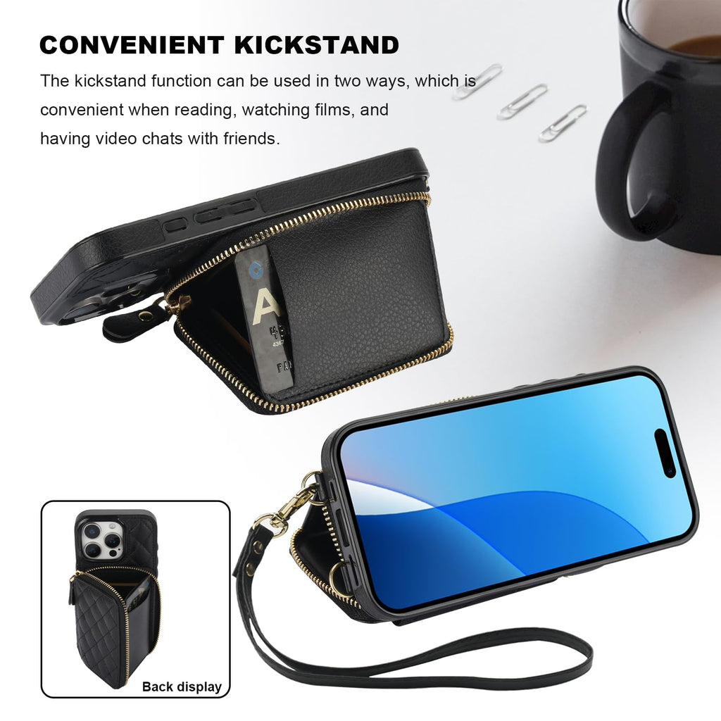 Bocasal Crossbody Wallet Case for iPhone 16 Pro, RFID Blocking PU Leather Zipper Handbag Purse Flip Cover, Kickstand Folio Case with Card Slots Holder Wrist Strap Lanyard 5G 6.3 Inch (Black)