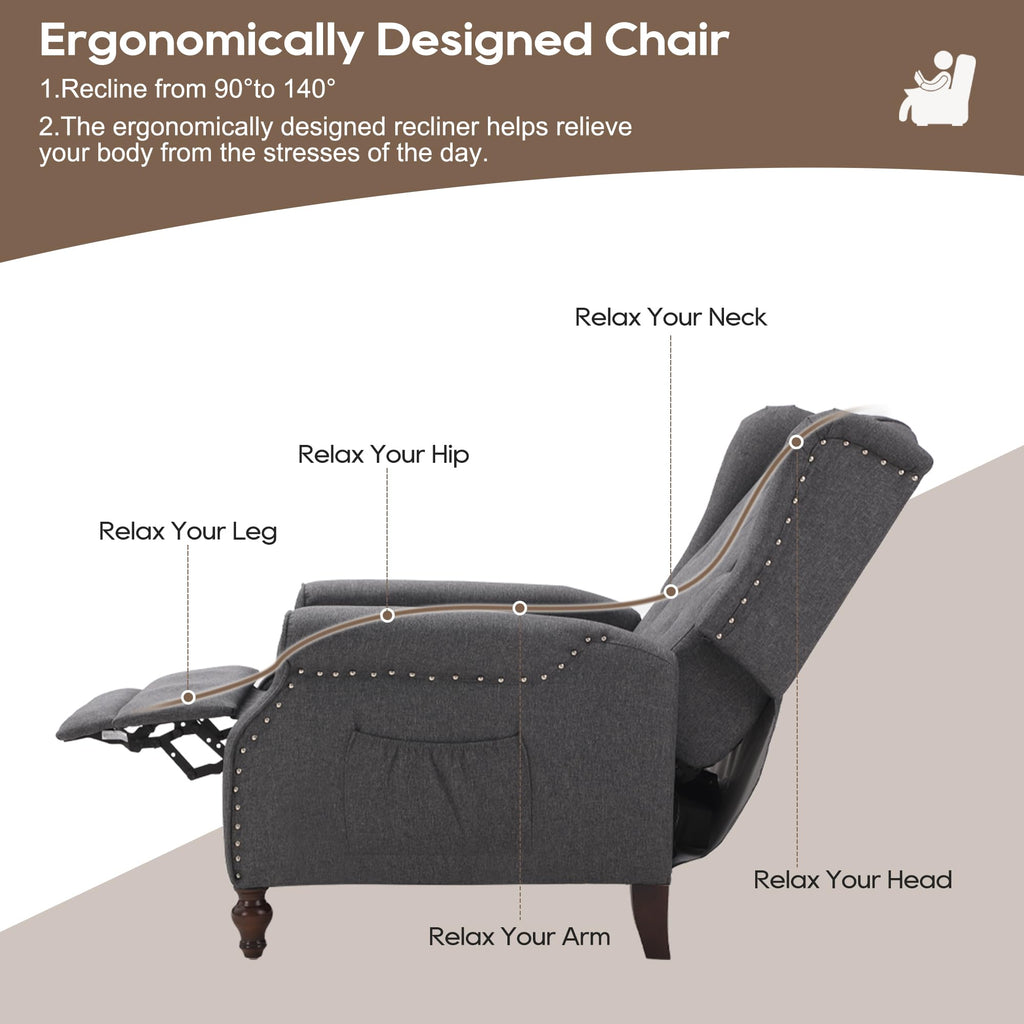 Wingback Chair with Massage and Heat, Tufted Fabric Pushback Recliner Chair, Wingback Recliner Chair with Remote Control, Padded Cushion, Wooden Legs, Small Recliners for Small Spaces