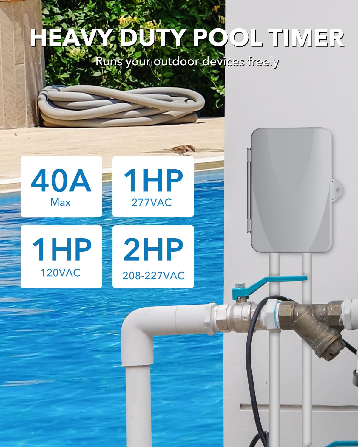 BN-LINK Pool Pump Timer, Outdoor Timer Box, Heavy Duty, 2HP 40A Max, 120, 240, 277 VAC, for Pool Pump, Water Heater, Fans, SPA, ETL Listed (Digital)