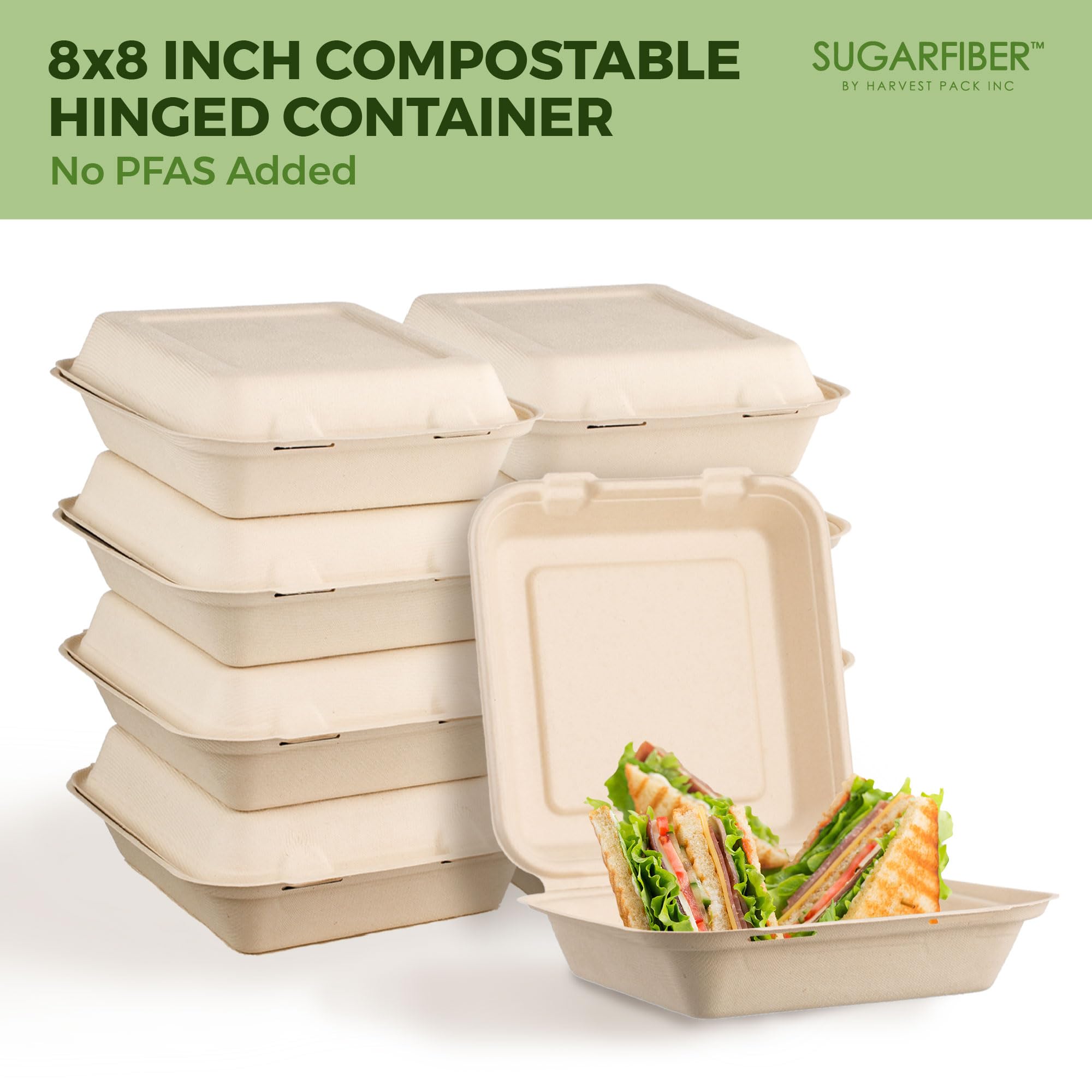 [50 COUNT]Harvest Pack 6 X 6" Compostable Clamshell Take Out Food Containers, PFAS FREE Square To go Containers with Lids, Heavy-Duty Disposable Bagasse Bento Cake Box, Eco-Friendly Sugarcane Fibers