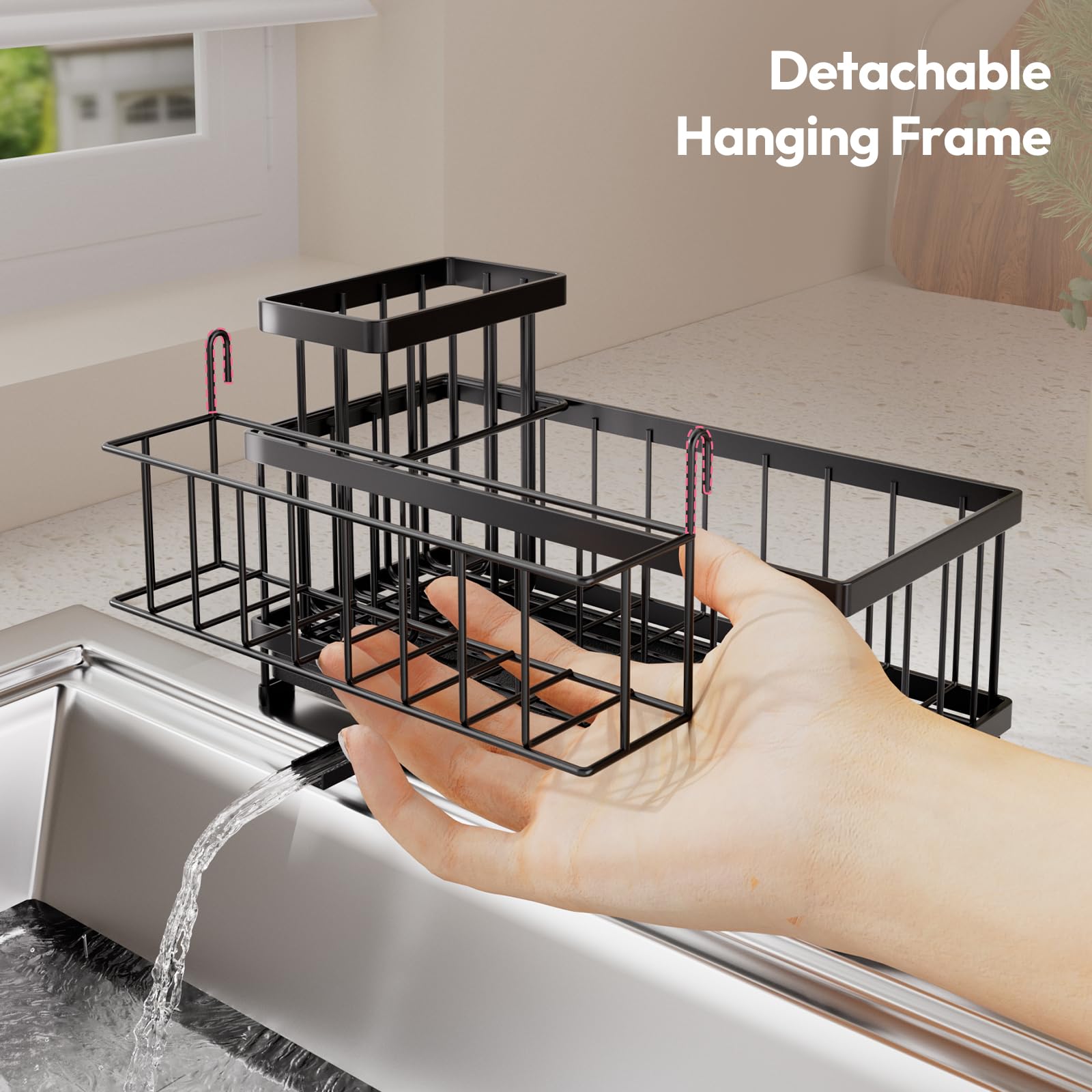 SWTYMIKI Sponge Holder for Kitchen Sink - Sink Caddy with Brush Holder Self-draining Sponge Caddy Organizer with Divider Stainless Steel Kitchen Accessories Storage for Countertop, Black