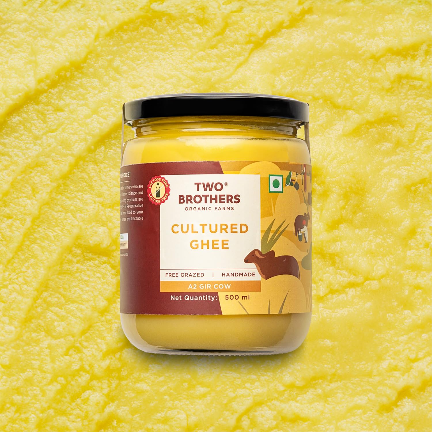 Grass Fed A2 Cultured Ghee | Gir Cow Ghee | Clarified Butter | Cultured Desi Ghee,Non-GMO, Lactose-Free, Keto Friendly - Two Brothers Organic Farms (16 fl oz (500 ml) Plastic)